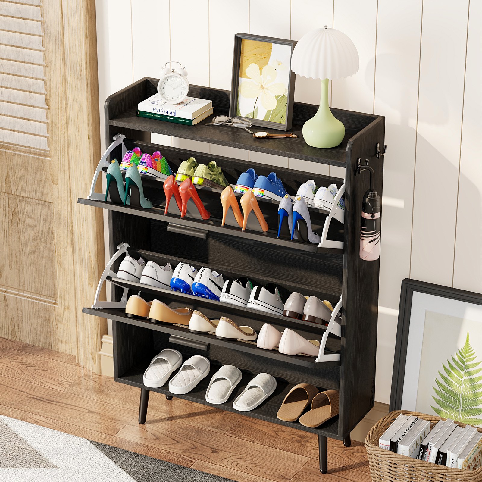 Shoe Cabinet with Natural Rattan Flip Drawers for Entryway Free Standing Slim Shoe Storage Organizer with 2 Flip Drawers Black product image (3)
