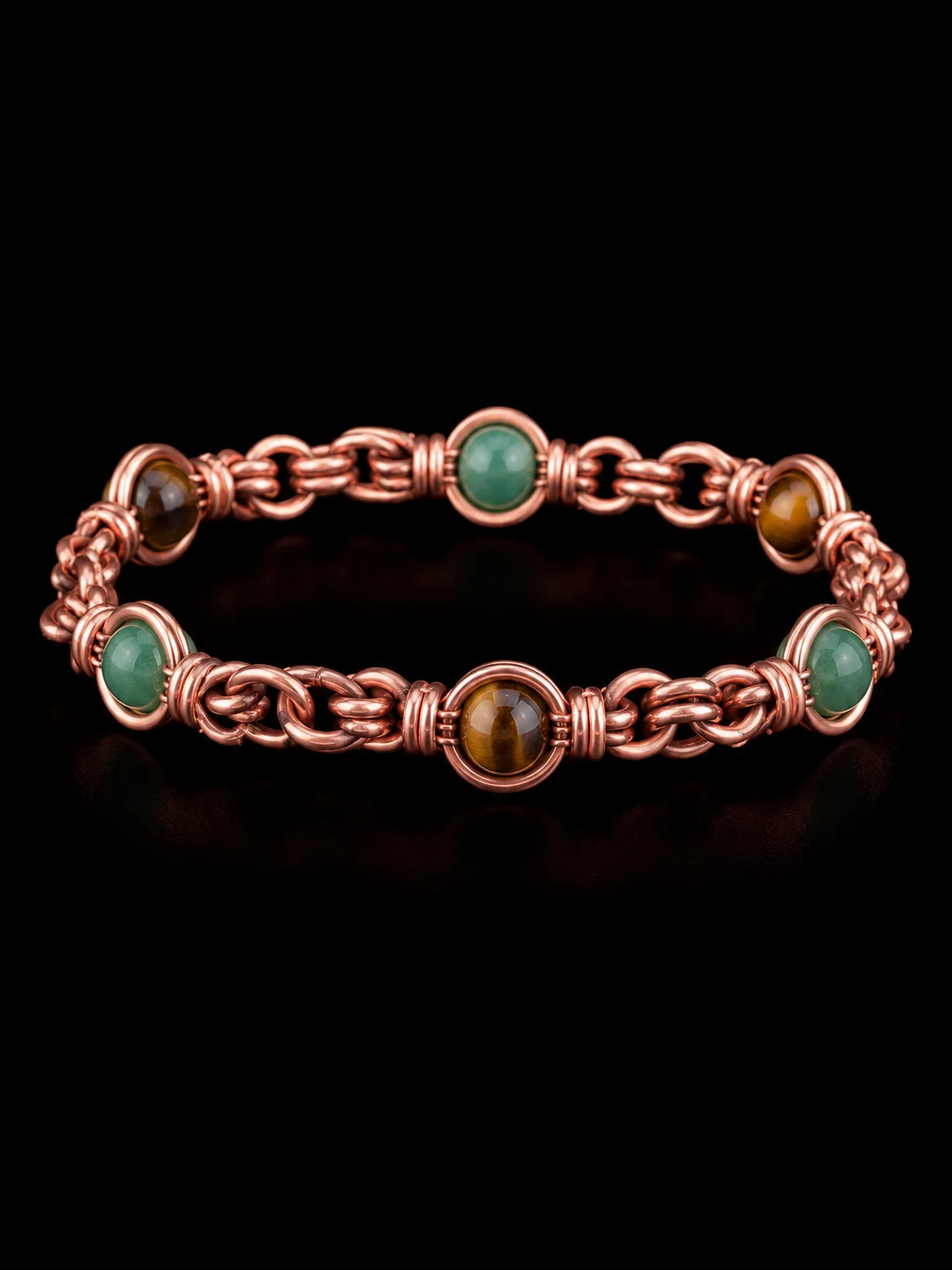 Handcrafted copper bracelet with Tiger Eye and and Green Aventurine gemstone product image (1)