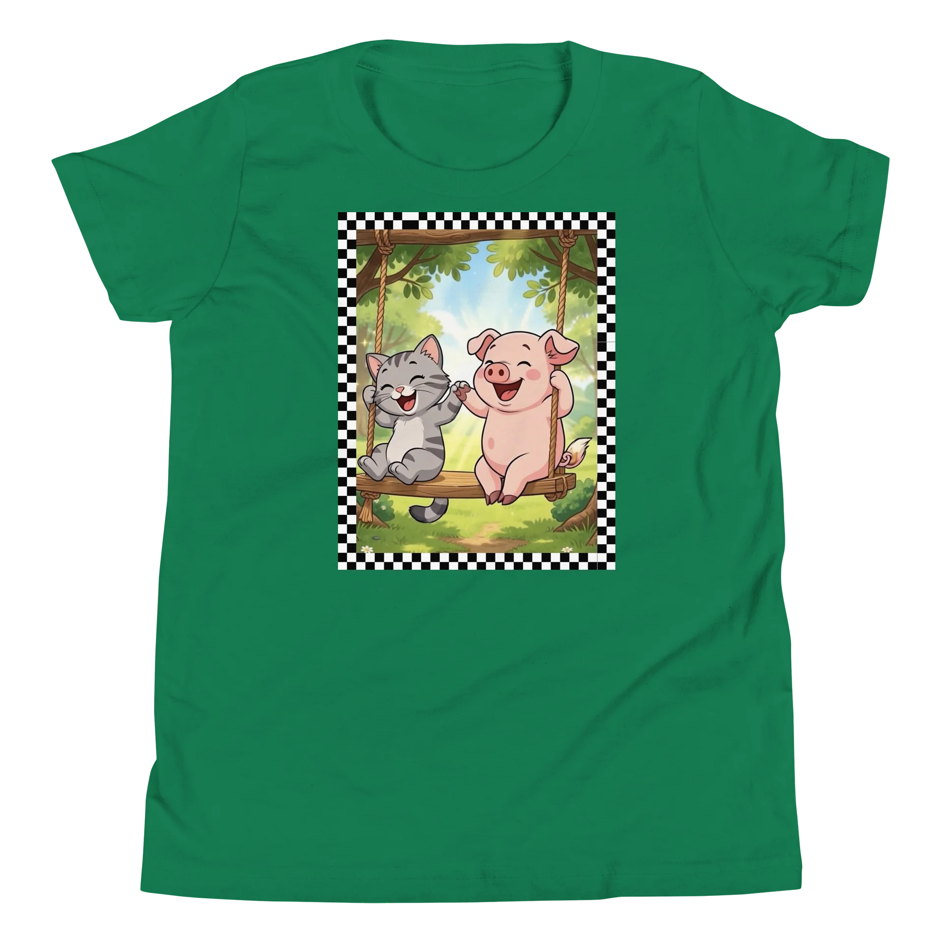 Cute Farm Friends Laughing Kitten & Piglet on Rope Swing Youth Tee product image (4)