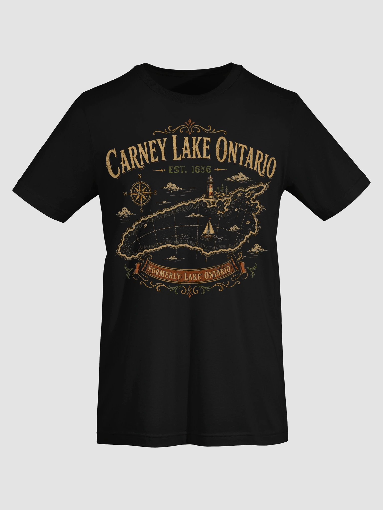 Carney Lake Ontario EST 1656 Retro Vintage Lake Ontario Scenic Lighthouse Lake Ontario Map T-Shirt product image (46)