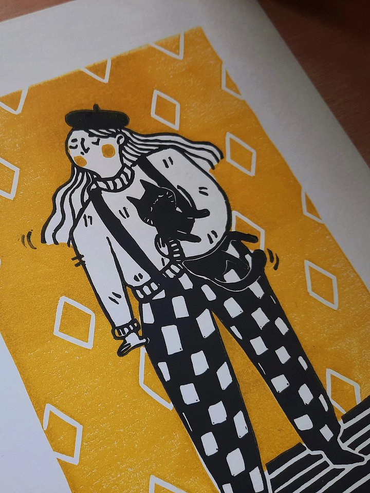 70s Girl with Black Cat Lino Print A4 product image (2)