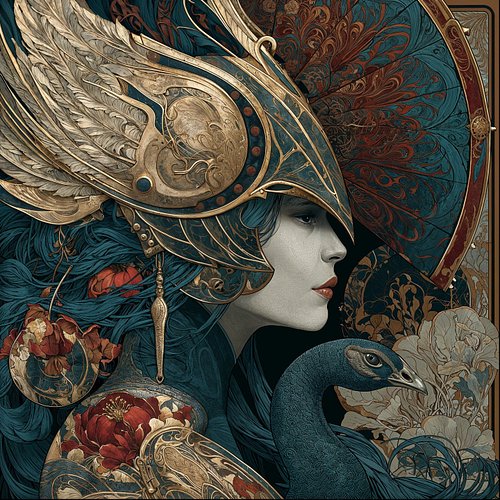 She wears the weight of kingdoms. Her headdress is wrought from starlight and ancient gold, each feather a story of power rec...
