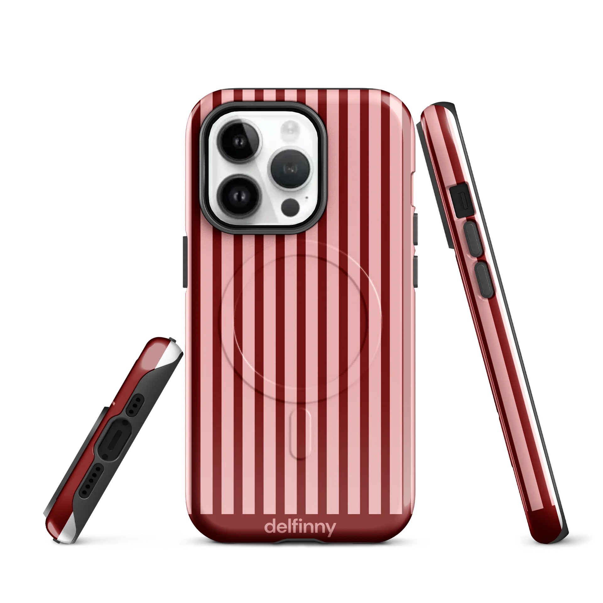 Striped Phone Case for iPhone 14 & 15 Series – MagSafe Compatible (Glossy Burgundy) product image (1)