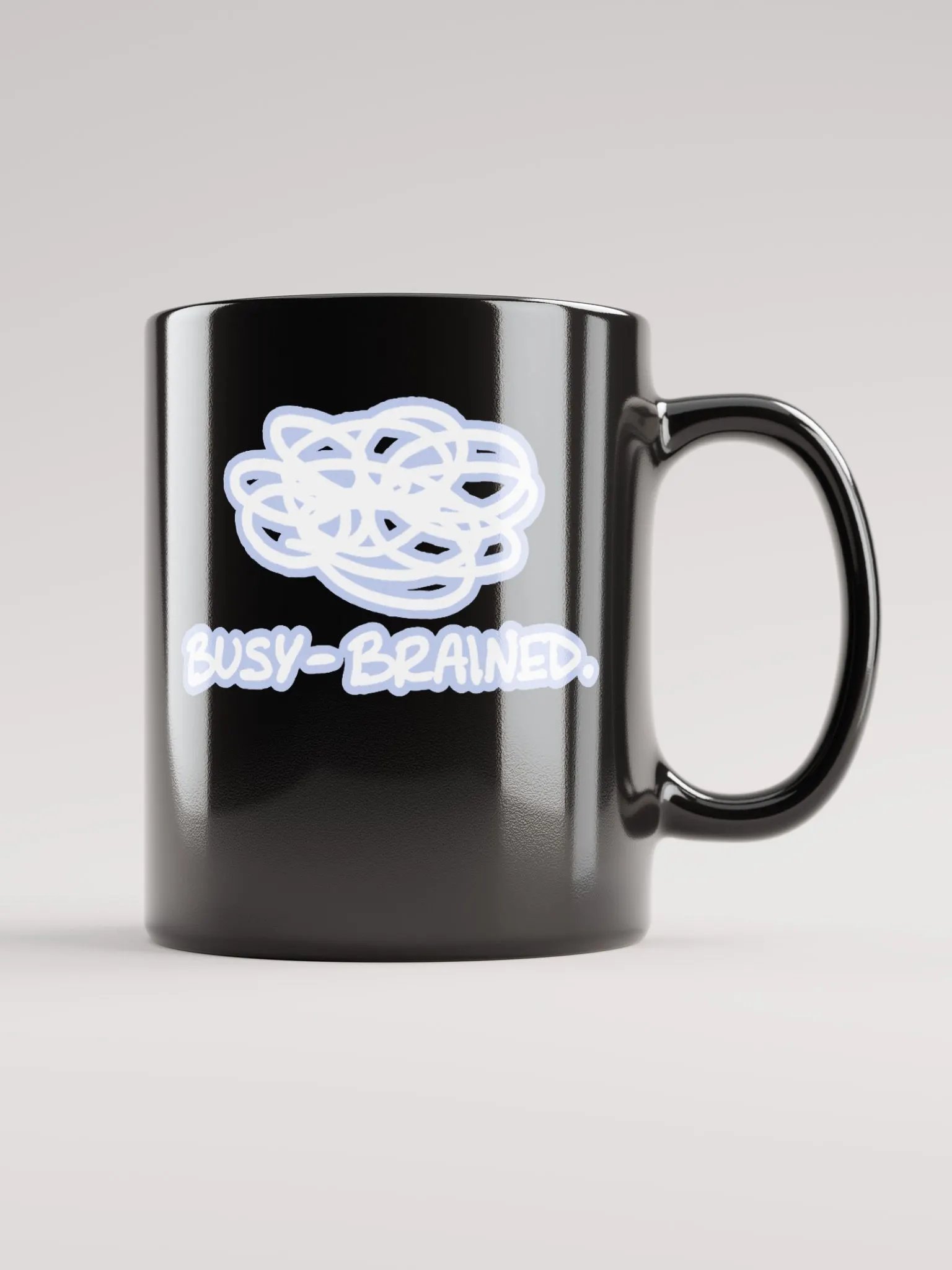 BUSY-BRAINED (lined design, #BDCAEF) glossy black mug product image (12)