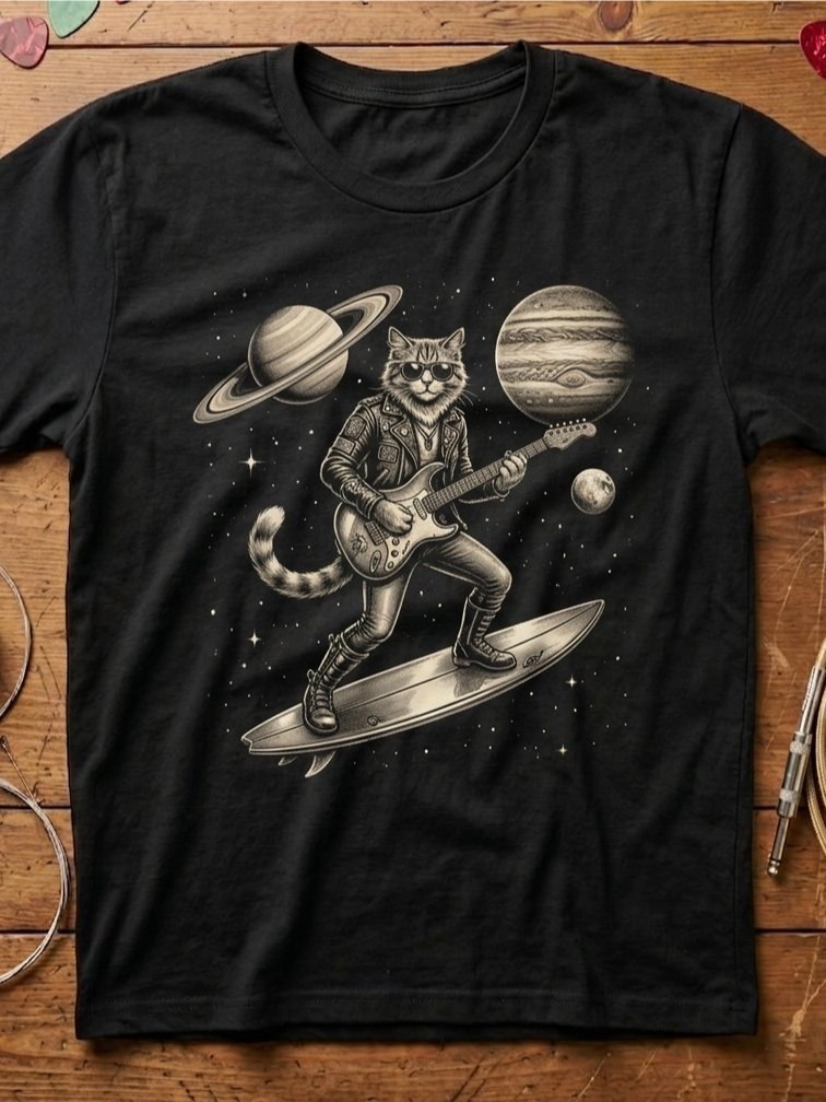 Surfing With the Alien Cat Guitar T-shirt product image (1)