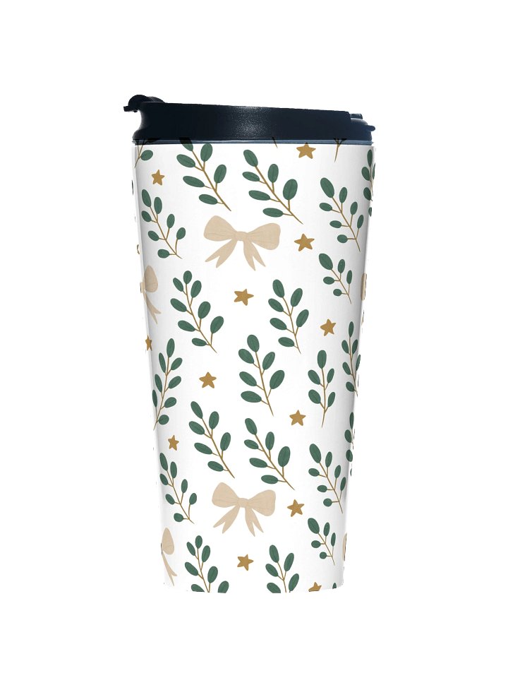 Stainless steel travel mug ribbons & stars botanical Christmas. Elegant holiday thermal mug product image (1)