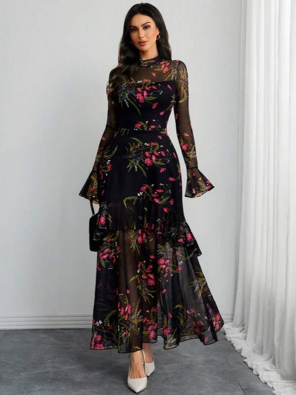 Women's Gothic Elegant Sexy Mesh Patchwork Colorful Floral Print Retro Flare Sleeve Ruffle Hem Layered Dress Vacation product image (6)