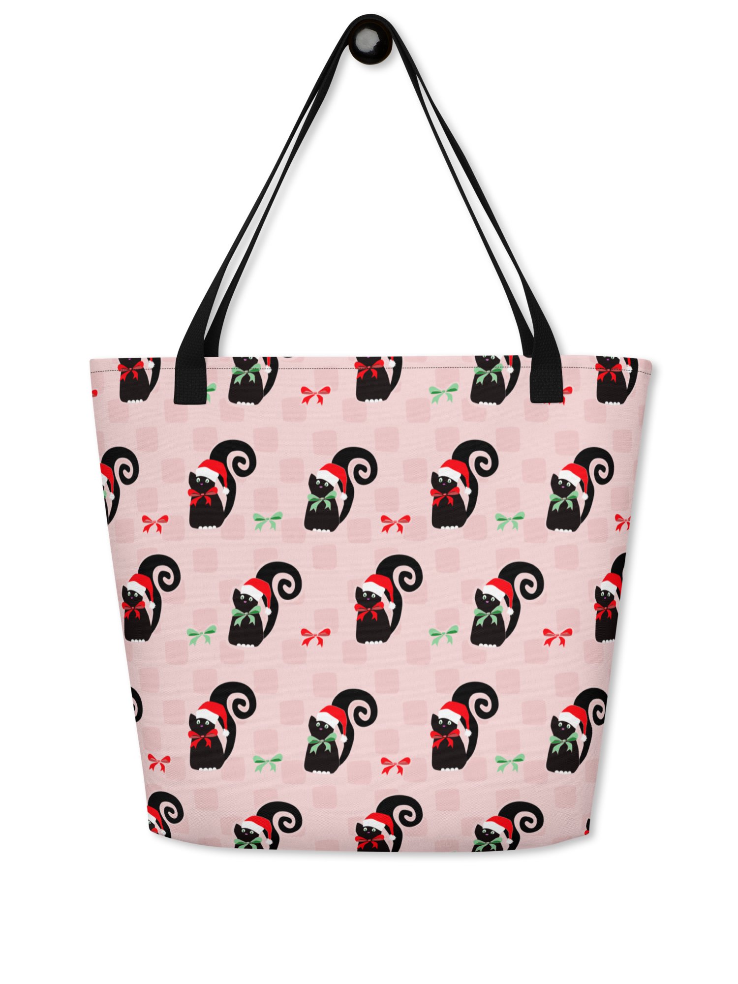 Black Christmas Kitties On Pink Checkerboard – Large Tote Bag product image (1)