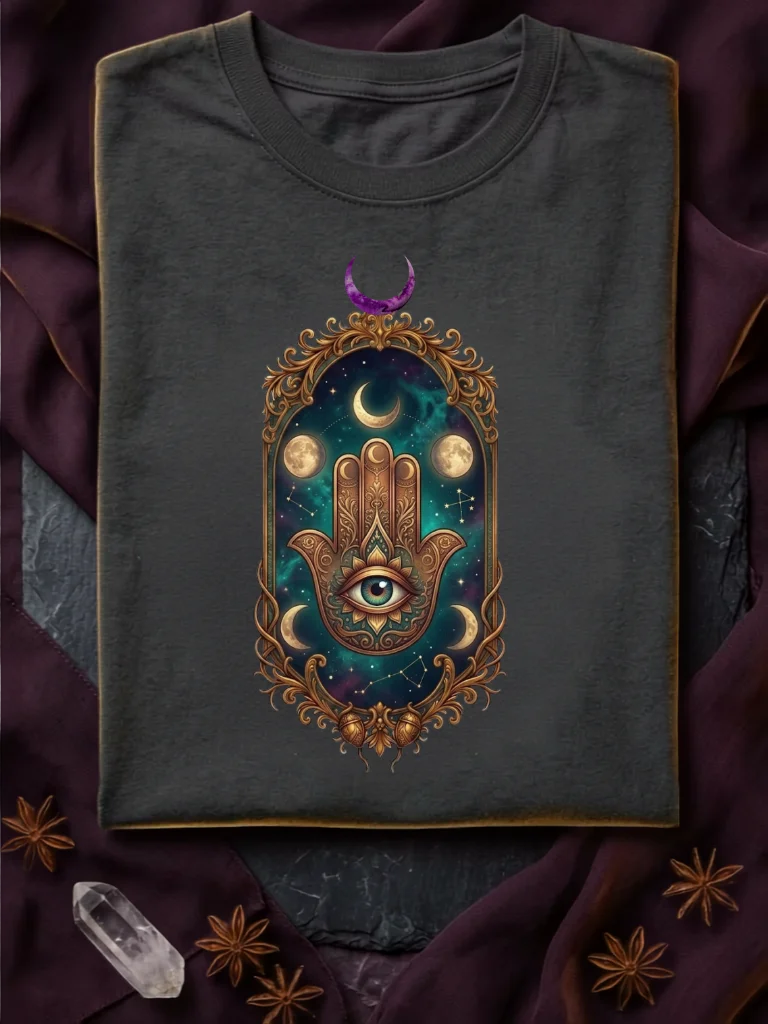 Mystical Hamsa Altar – Cosmic Sacred Eye & Lunar Talisman Art product image (1)
