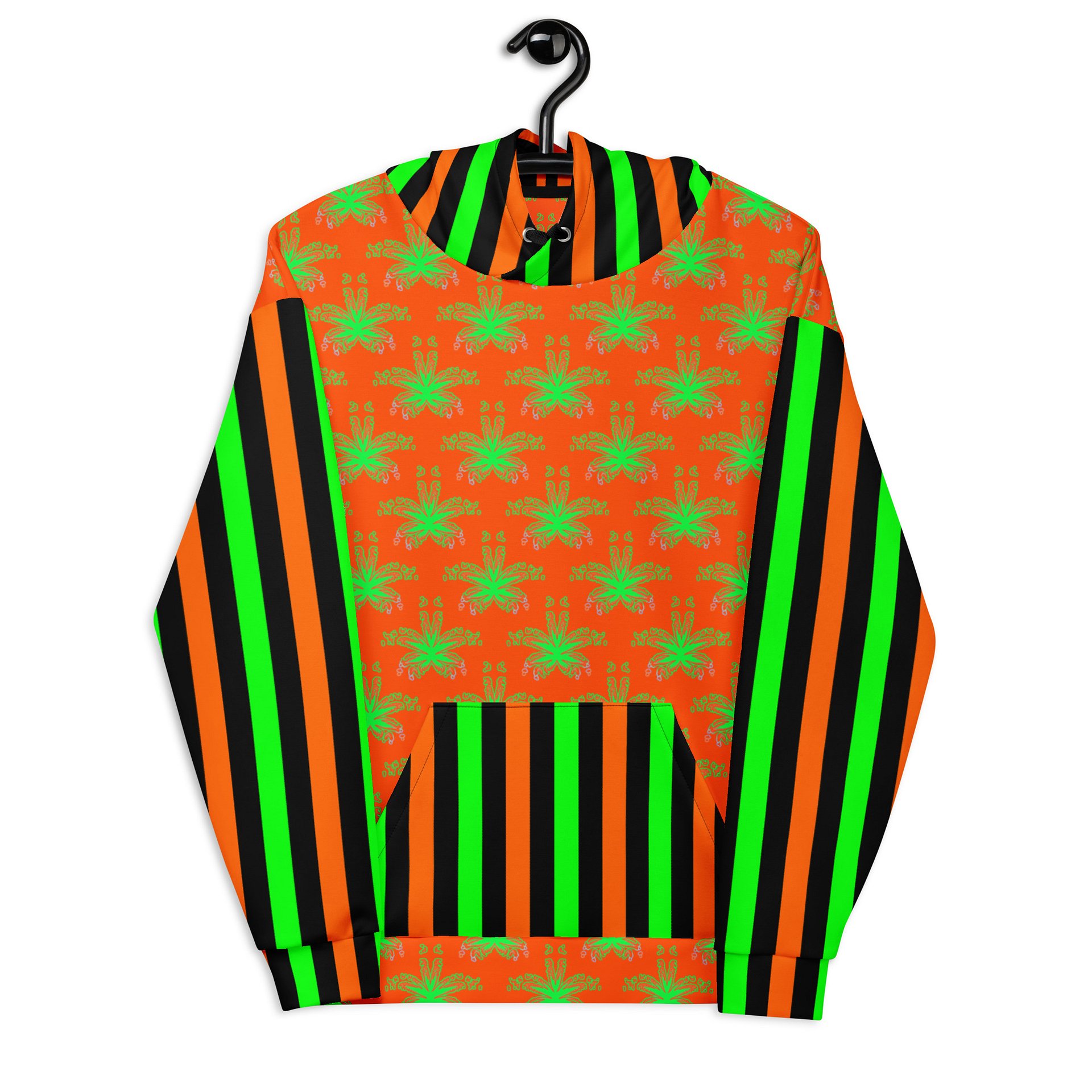 Weed Halloween Hoodie, Cannabis Circus Stripe Clowncore Clothing, Pot Leaf 420 Fall Festival Fashion, Black Orange Neon Green Stoner Clothes product image (11)