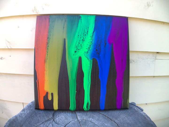 " Dripped rainbow"-12 x 12 canvas pour painting -rainbow coloration-blacklight painting product image (1)
