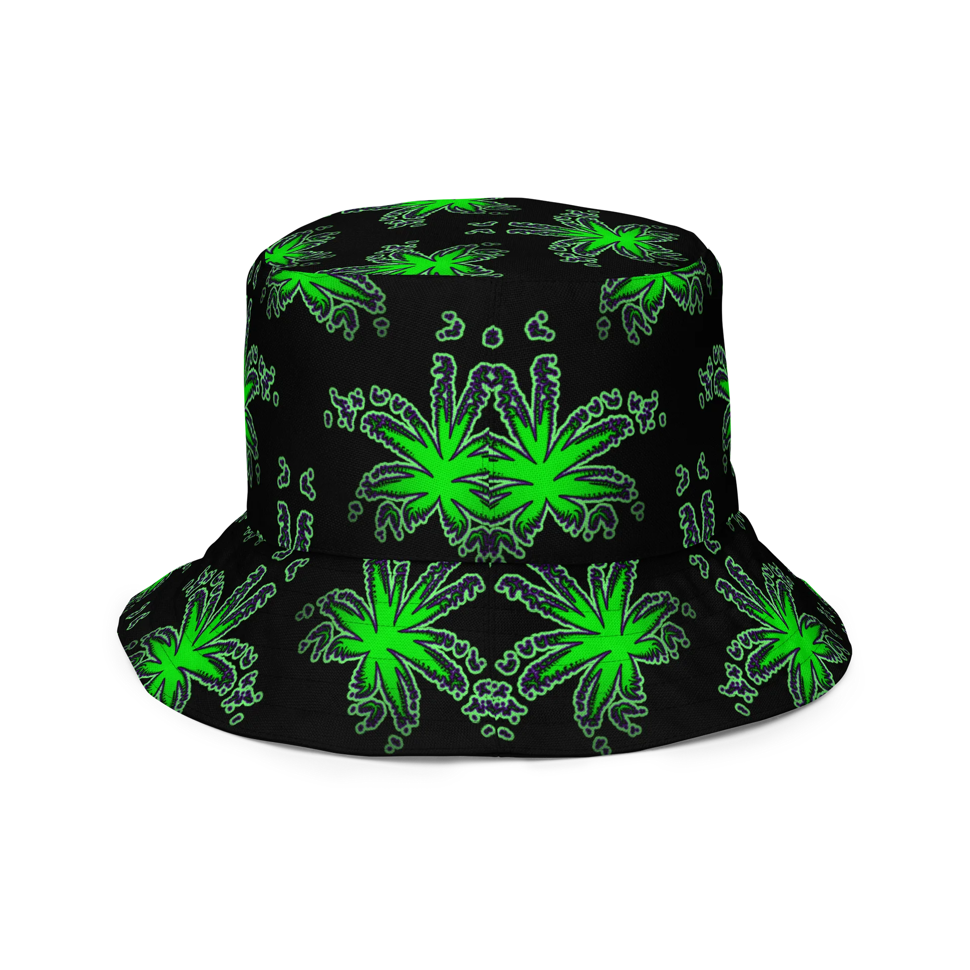 Stoner Raver Reversible Bucket Hat, Cannabis Halloween Accessory, Weird Weed Rave Wear, Orange Green Black Pot Leaf 420 Alt Festival Fashion product image (9)