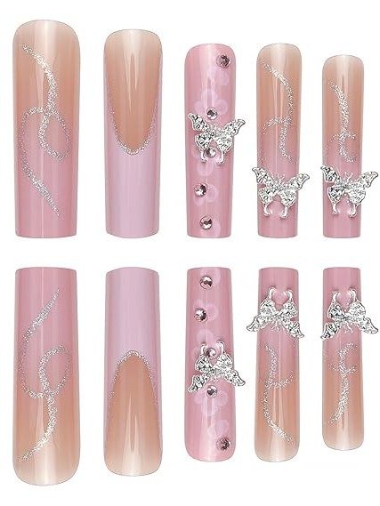 Long Pink Butterly Square Tip Press on Nails product image (1)