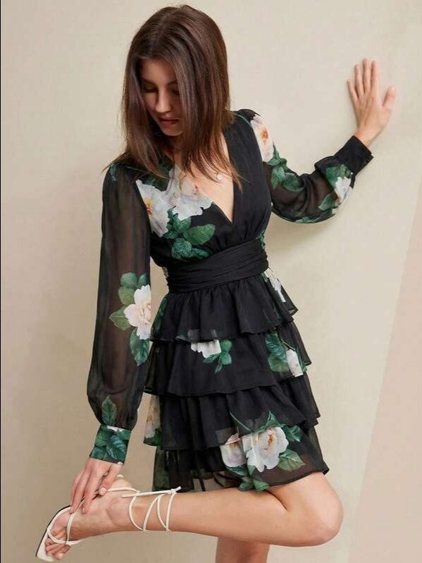 Rosie French V-Neck Sweet Ditsy Floral Layered Chiffon Vacation Style Short Sleeve Ruffle Hem Mini Dress For Women product image (2)