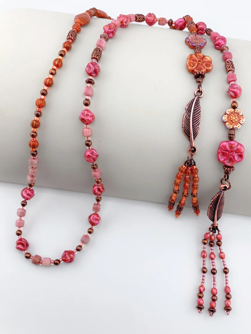Pink and Orange Glass Beaded Fringe Lariat Style Necklace Set product image (3)