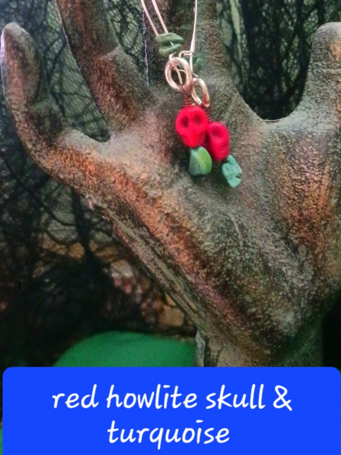 Red Howlite Skull and Turquoise Handmade Gemstone Decor product image (1)