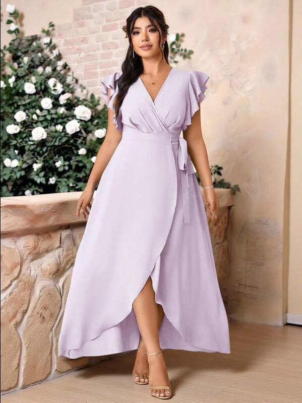 ADLEST Plus Size Elegant Romantic Wedding Solid Color Cross V-Neck Side Tie Sleeve Ruffle Dress product image (3)
