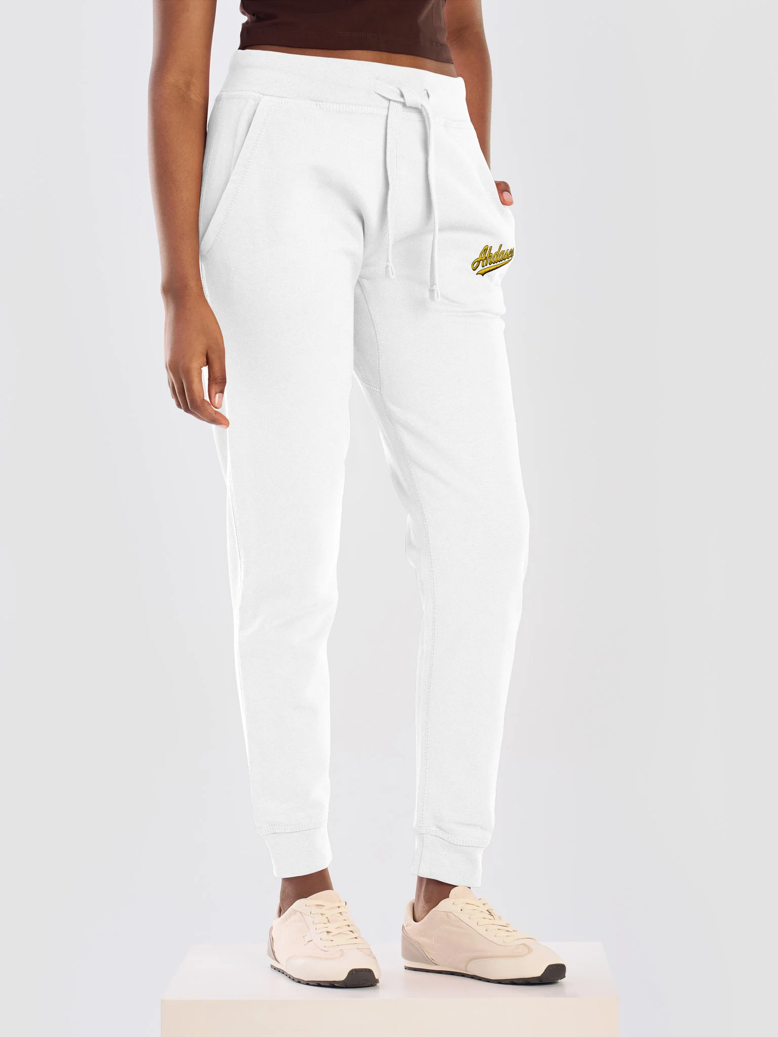 Ahdasee Signature Embroidered Joggers – White (Gold/Black) product image (5)