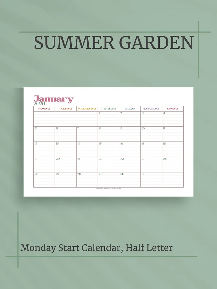 Summer Garden 2026 Calendar - Single Page per Month, Monday Start, Half Letter Size product image (1)