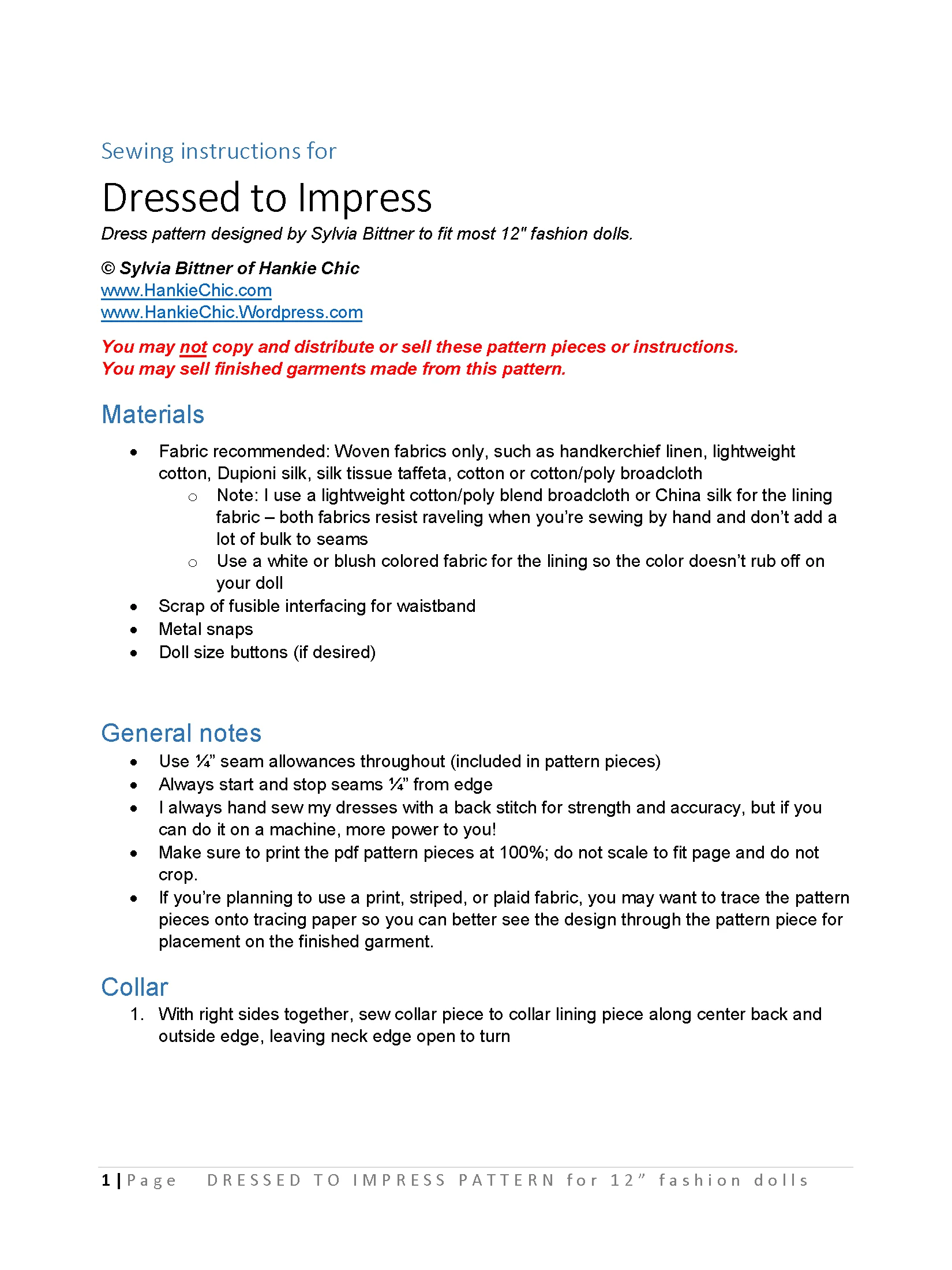 Dressed to Impress sewing pattern for 12" fashion dolls product image (2)