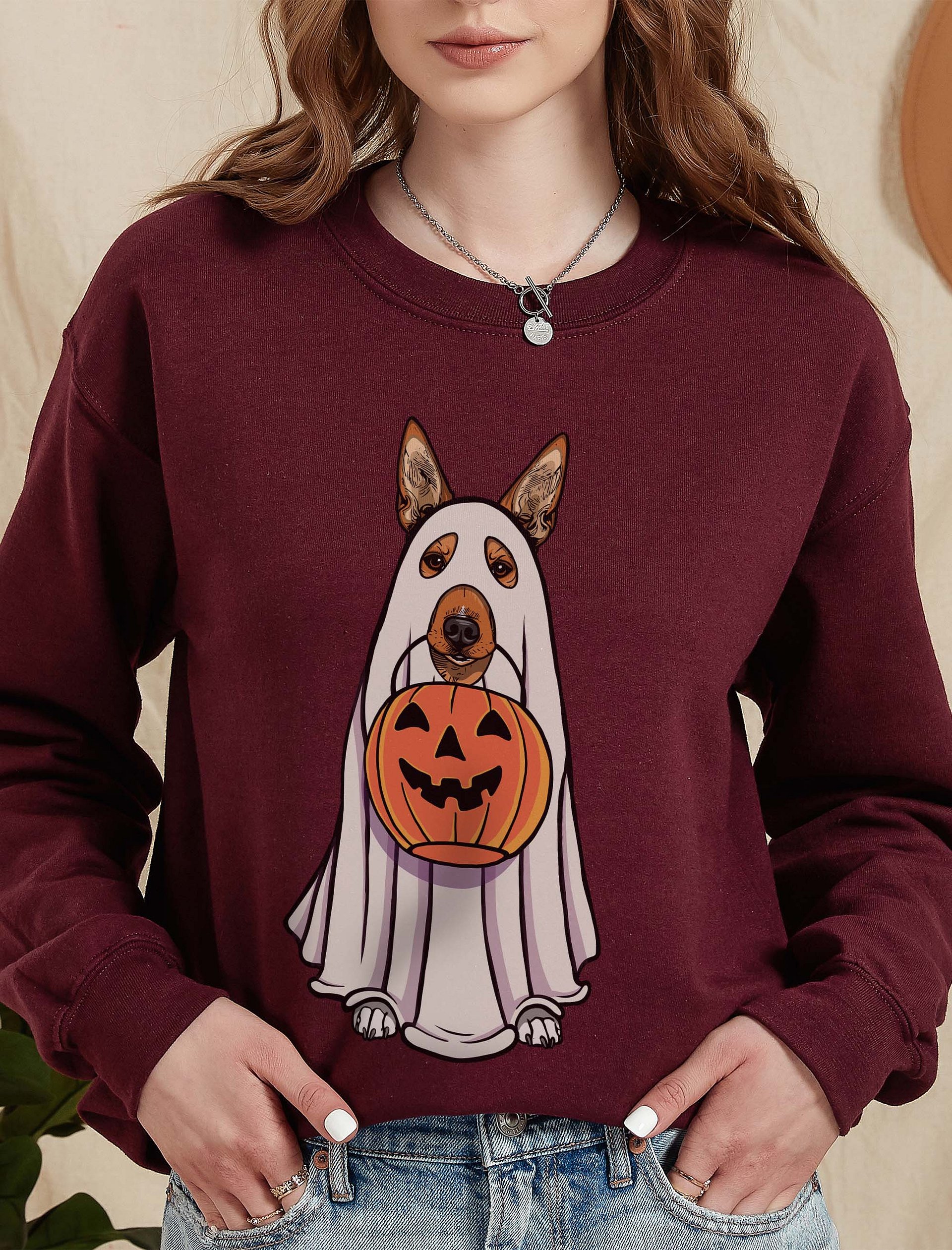 Funny Halloween Basenji Sweatshirt | Funny Basenji Wearing a Ghost Costume and Holding a Pumpkin Basket product image (2)