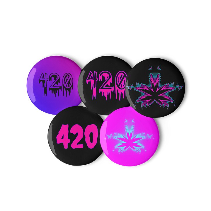 Happy 420 Hot Pink Black Pin Buttons, Stoner Horror Lover Set of Pins, Cannabis Leaf Creepy Dripping Weed Art product image (1)