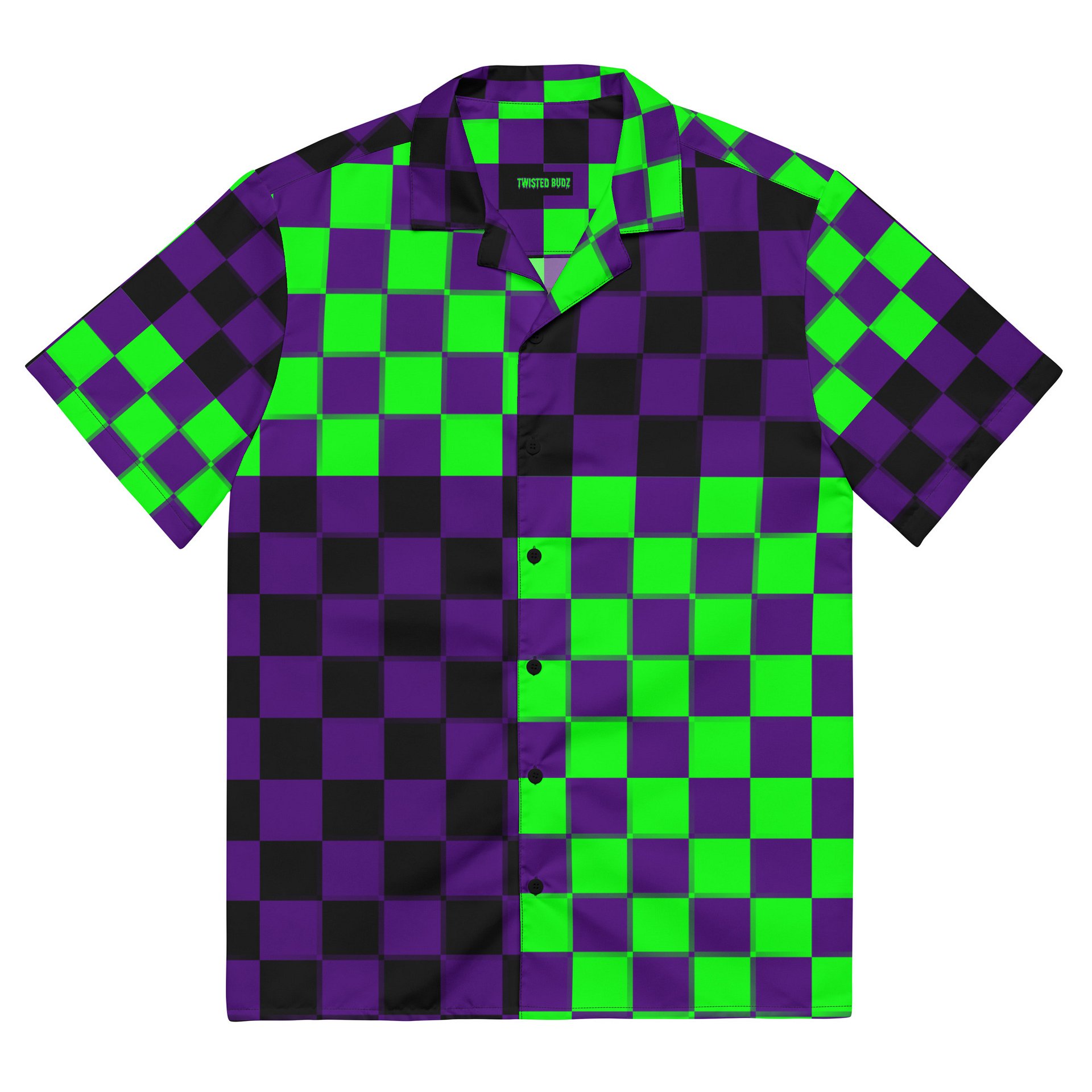 Twisted Clowncore Checkers Button Shirt, Retro Style Silly Circus Top, Fun Festival Fashion, Black Purple Neon Green Weird EDM Rave Clothes product image (6)