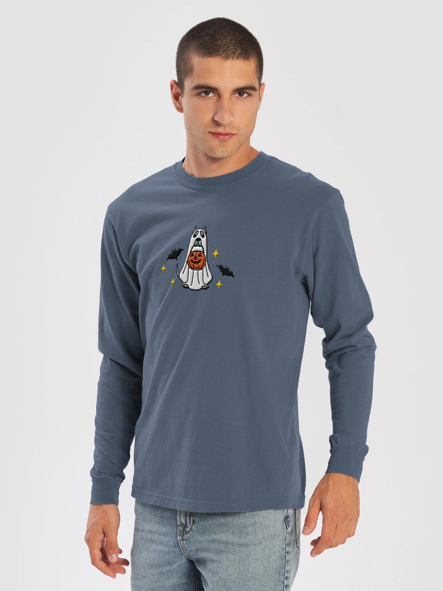 Halloween Pit Bull/ Staffordshire Terrier(Blue, Cropped Ears) Embroidered Long-Sleeve T-Shirt product image (22)