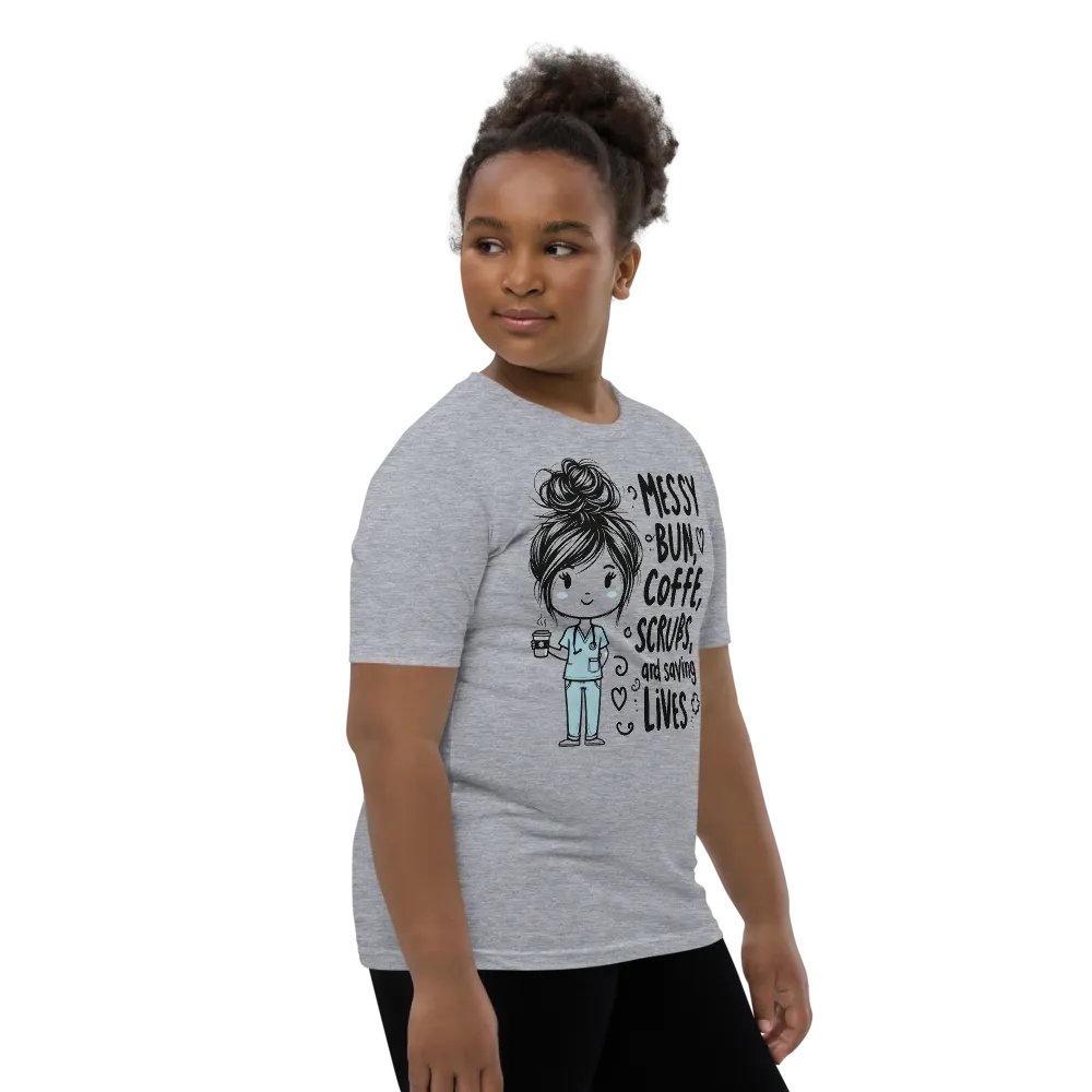 Messy Bun, Coffee, Scrubs, and Saving Lives Youth T-Shirt product image (71)