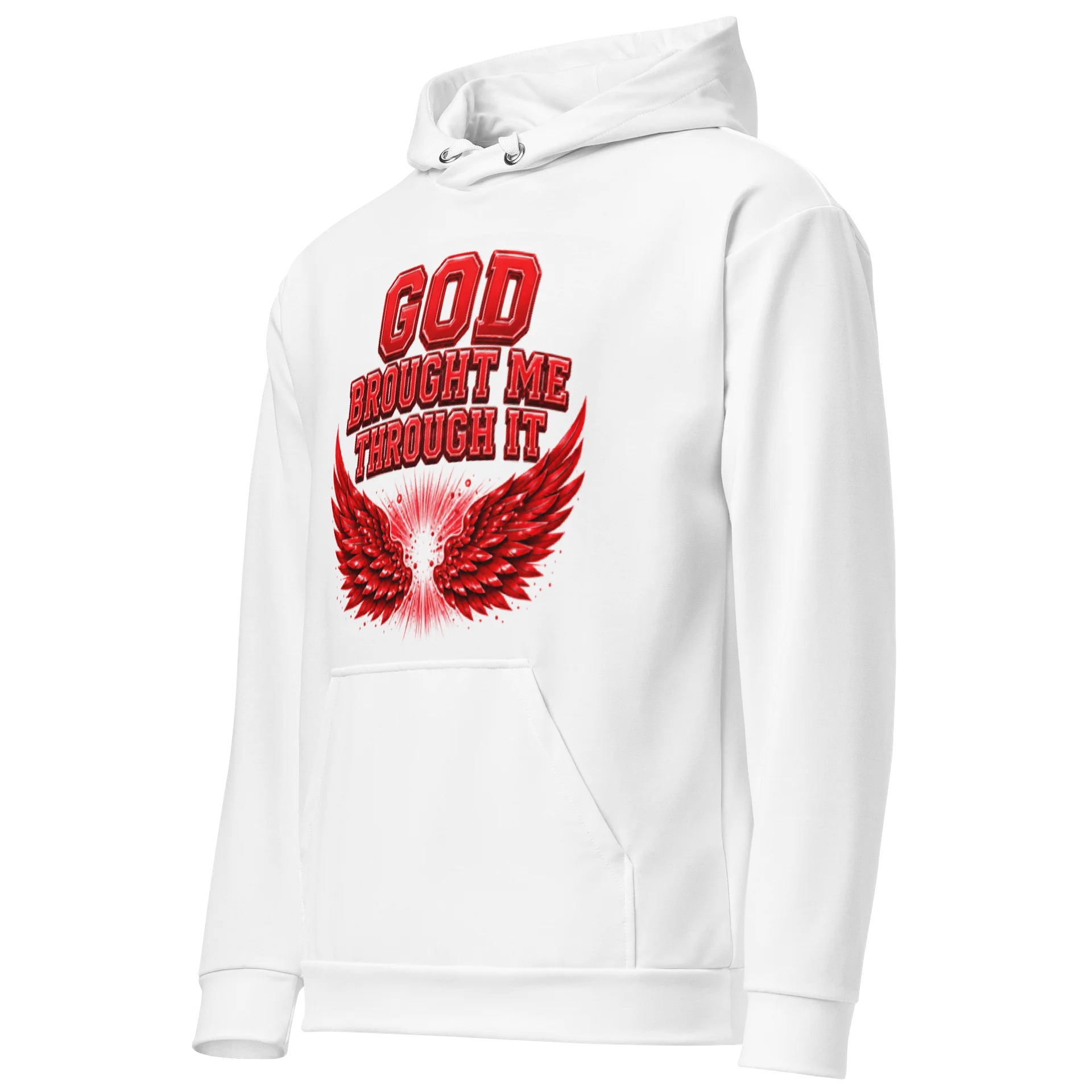 God Brought Me Through It White Hoodie – Red Wings Edition product image (3)