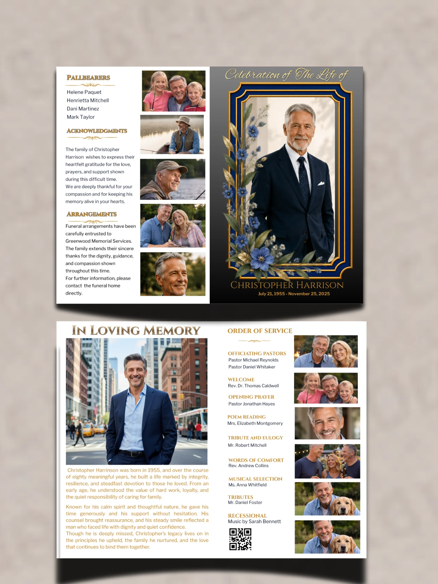 Blue Floral Funeral Program Template for Men (Canva Editable Bifold) product image (2)