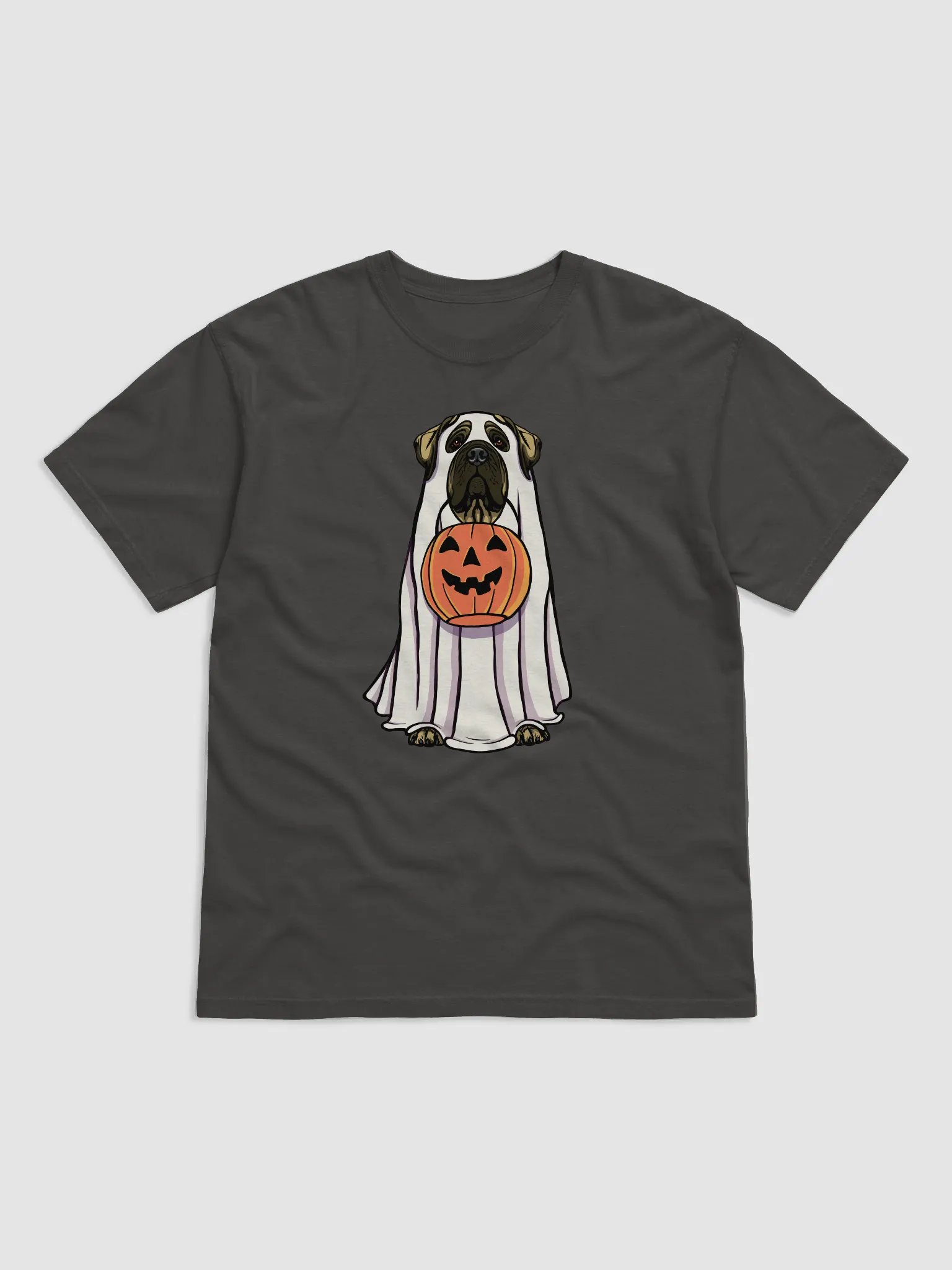 Funny Halloween English Mastiff T-Shirt | Funny English Mastiff Wearing a Ghost Costume and Holding a Pumpkin Basket product image (1)