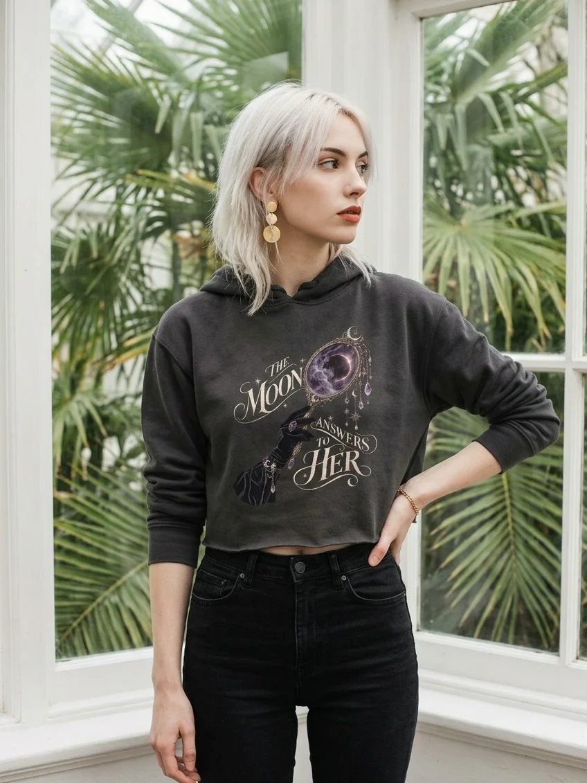 Celestial Moon Ritual — Gothic Lunar Women’s Cropped Pullover Hoodie product image (5)