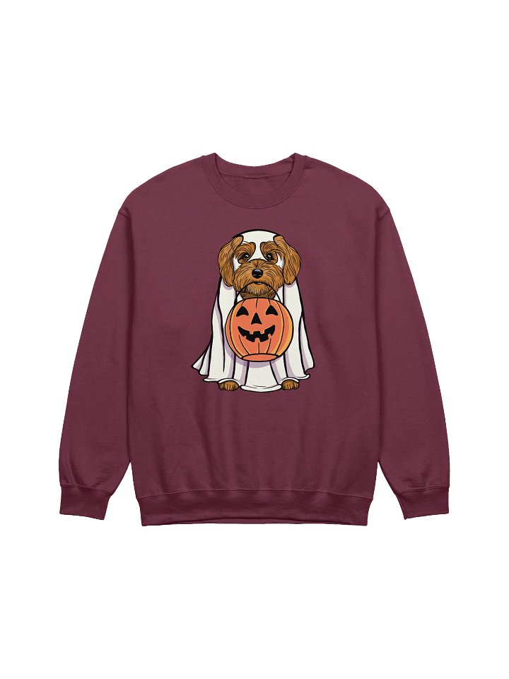Funny Halloween Havanese Sweatshirt | Funny Havanese Wearing a Ghost Costume and Holding a Pumpkin Basket product image (1)