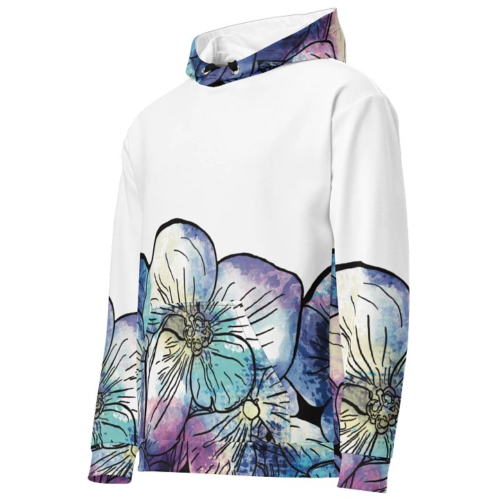 🌸 Coastal Bloom | Hydrangeas on White Hooded Sweatshirt | Monique Faella Designs™ | Unisex Floral Sweatshirt | Artful Botanical Fashion product image (2)