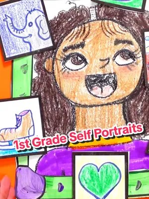 How cute are these self portraits that explore favorite things for 1st Grade? I LOVE them! If you want it comment below and I'll send you the link to the lesson plan! #artteacher #1stgrade #teacher 