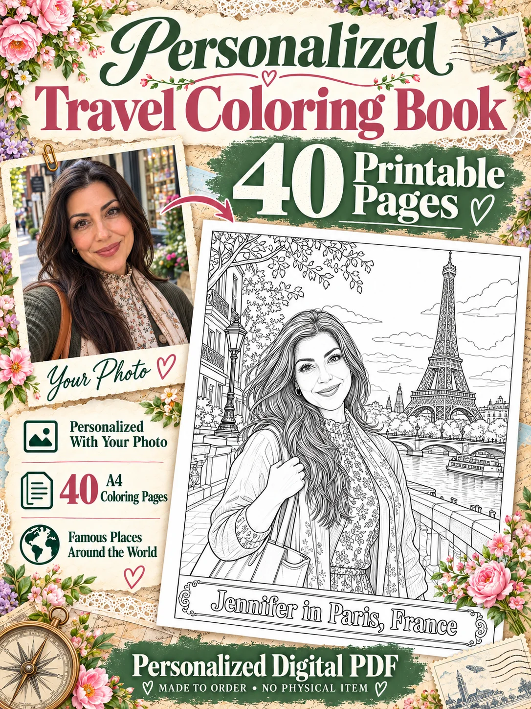 Personalized Coloring Book for Adults: 40 Printable A4 PDF Pages with Your Photo and Name, Famous World Landmarks, Cities and Around the World Adventures product image (1)