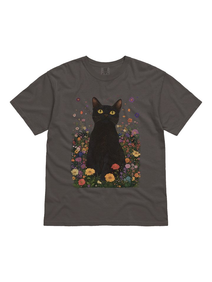 Black Cat in Wildflowers – Relaxed Fit Heavyweight Unisex Cotton T-Shirt product image (2)