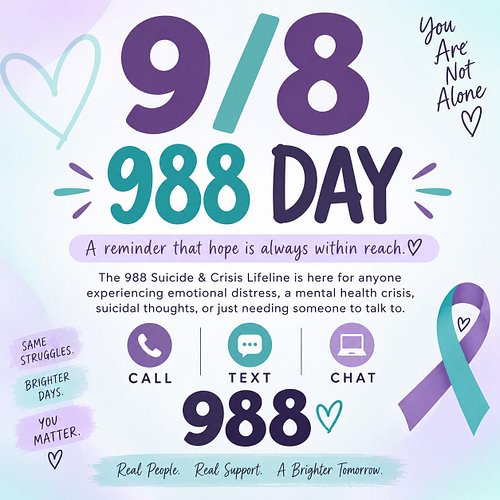 💜🩵 Today is 9/8 — 988 Day.

Three numbers can connect you to someone who will listen.

Call. Text. Chat. 988.

The 988 Suicid...