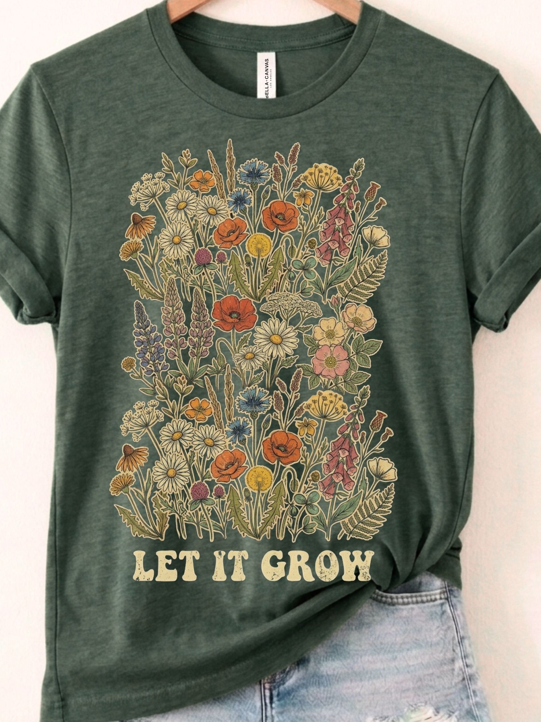 Boho Retro Floral Tee, "Let It Grow" Wildflower Collage Shirt for Nature Lovers & Wild Spirits product image (1)