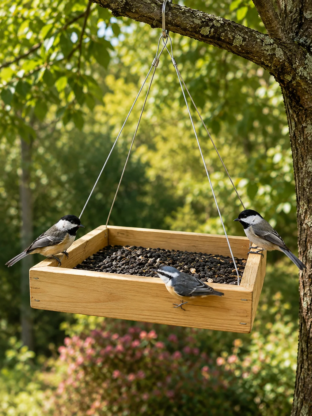 Handcrafted Cedar Hanging Platform Feeder – 12×12 in (Black Oil Sunflower Seed Tray) product image (1)