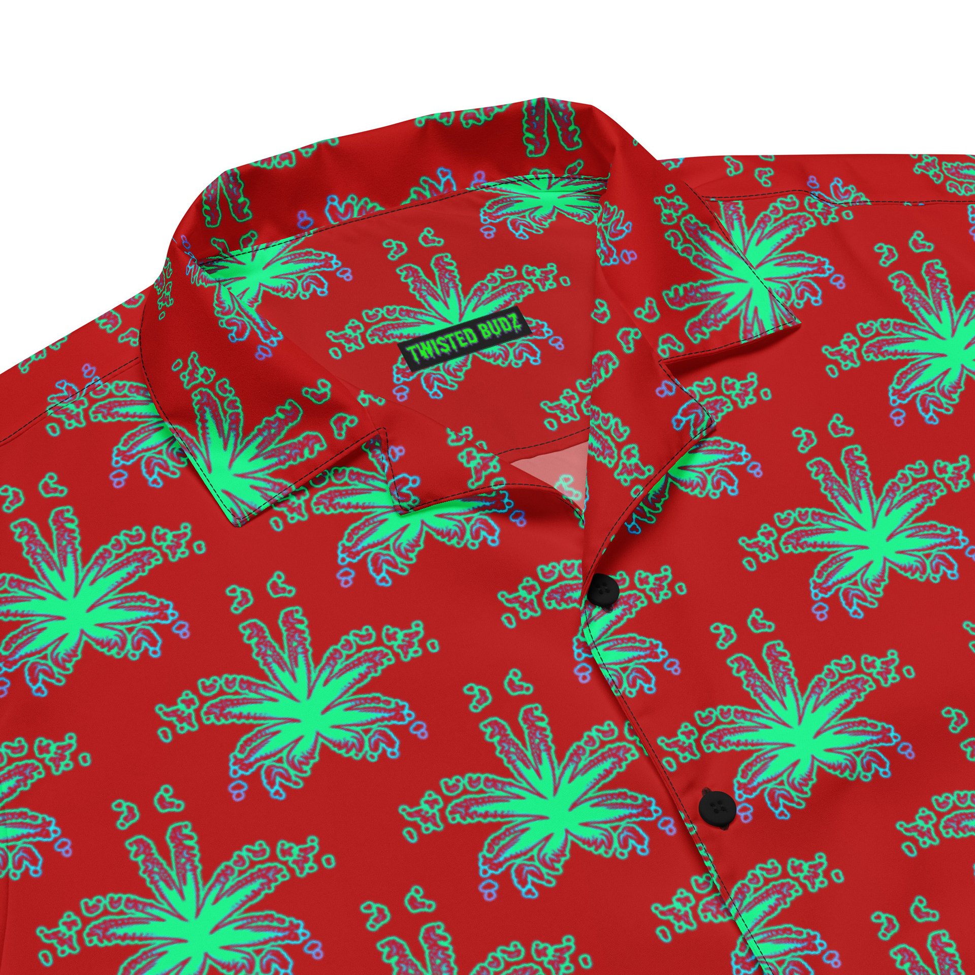Red Weed Leaf Cannabis Beach Button Shirt, 420 Summertime Stoner Festival Clothing, Green Ganja Pot Leaves Pattern Weedy Weirdo Fashion product image (1)