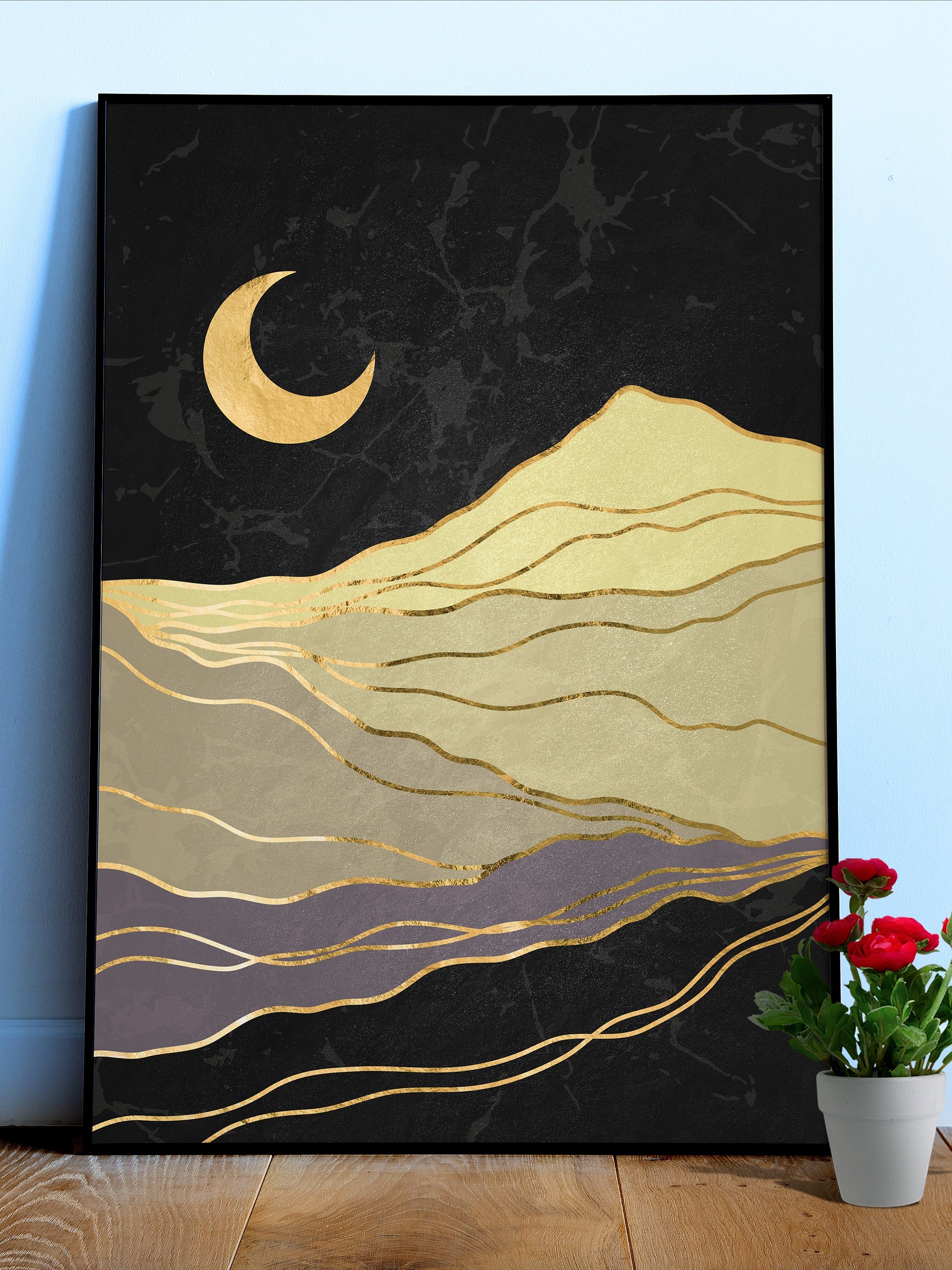 Golden landscape with moon #2 — Japanese golden poster, travel poster, aesthetic poster product image (1)