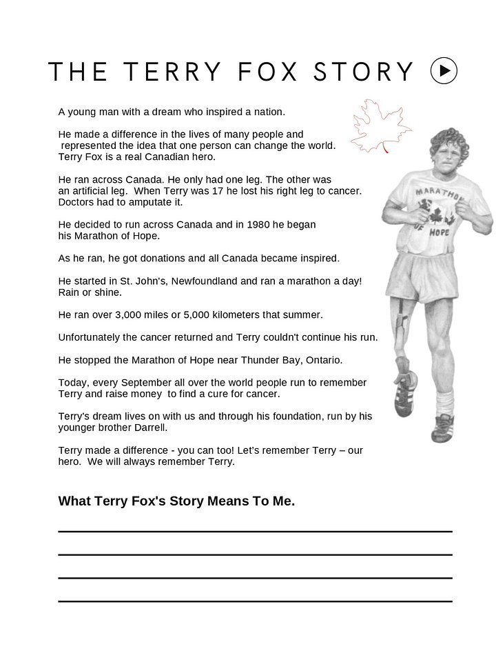 The Terry Fox Story. Worksheets. Reading. PPTx. product image (2)