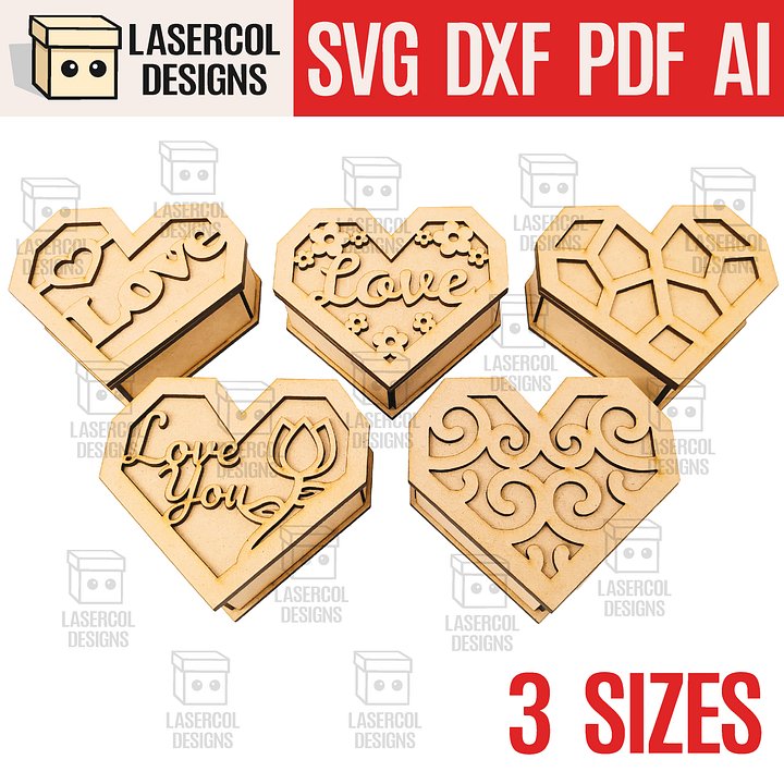 Heart Shaped Box Set 2 (5 Styles, 3 Sizes) - Laser Cut Files product image (1)