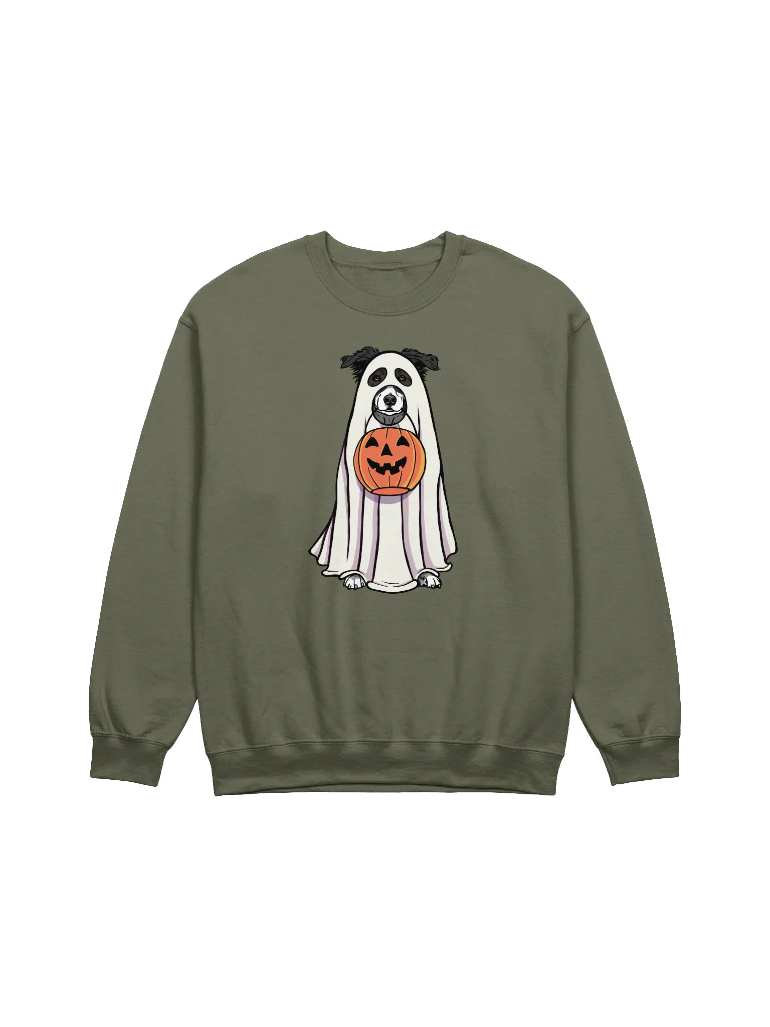 Funny Halloween Australian Shepherd(Black and White) Sweatshirt | Funny Aussie Wearing a Ghost Costume and Holding a Pumpkin Basket product image (1)