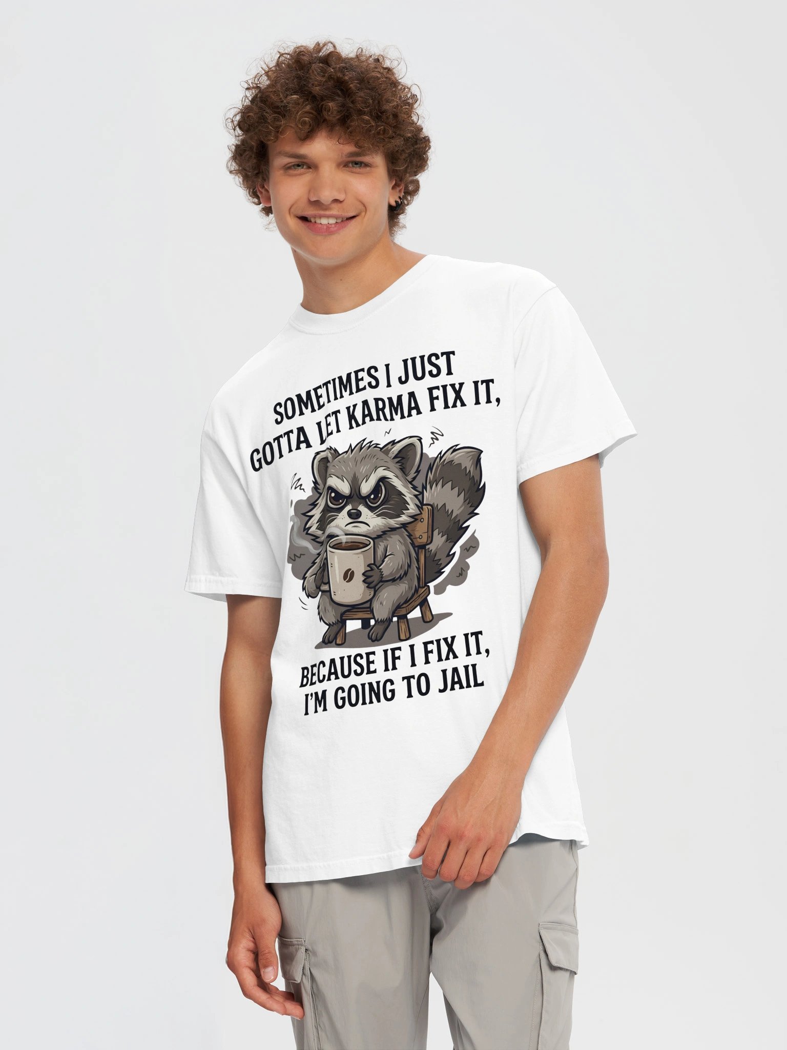 Funny Raccoon Coffee T-Shirt, Let Karma Fix It Sarcastic Tee, Cute Grumpy Raccoon Graphic Shirt, Humorous Unisex Oversized T-Shirt, Daily Humor Gift product image (5)