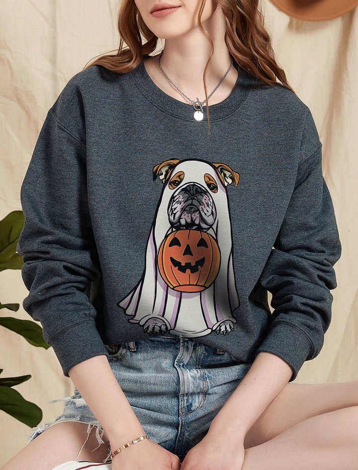 Funny Halloween English Bulldog Sweatshirt | Funny English Bulldog Wearing a Ghost Costume and Holding a Pumpkin Basket product image (2)