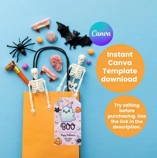 Pink Ghost Halloween Favor Tag | Hey Boo Cute Halloween Party | Instant Download | Canva Template product image (3)