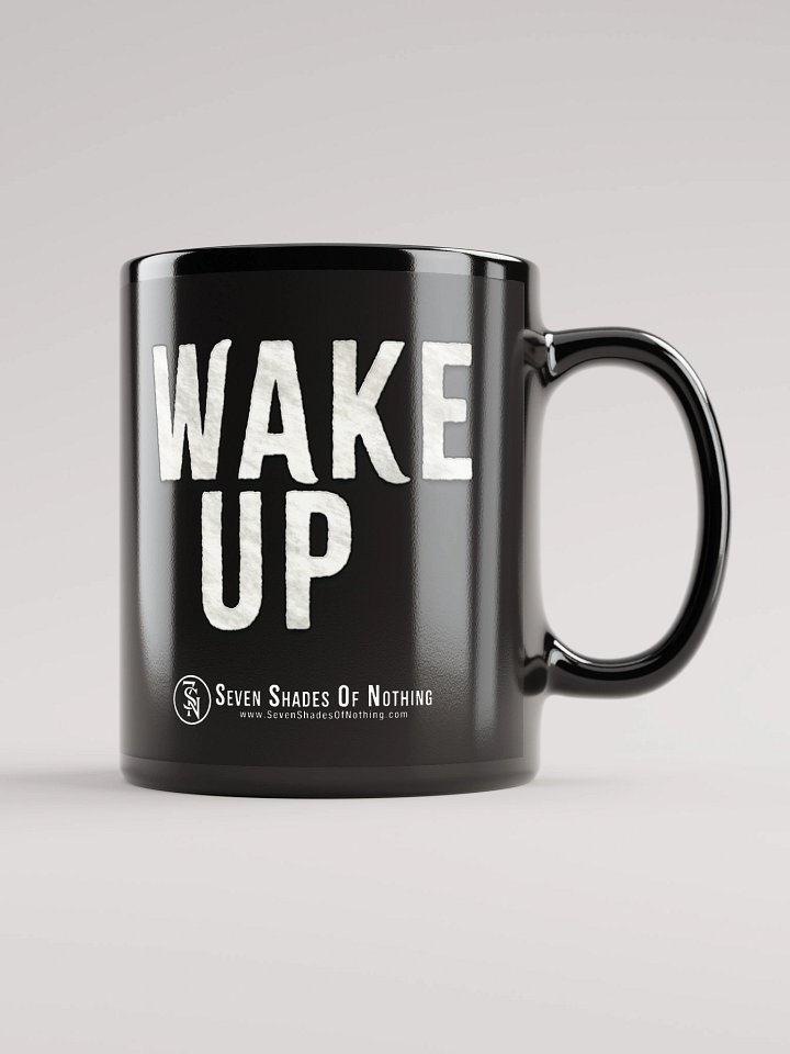 “Wake Up” black glossy mug – cinematic eye artwork from Seven Shades of Nothing product image (2)